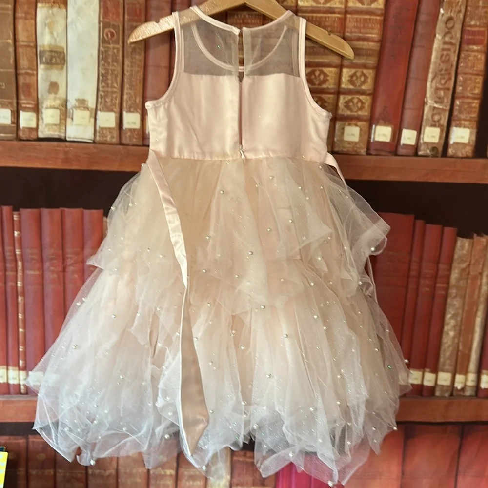 American Princess Blush Pink Tulle Flower Girl Dress Pearl Formal 4T